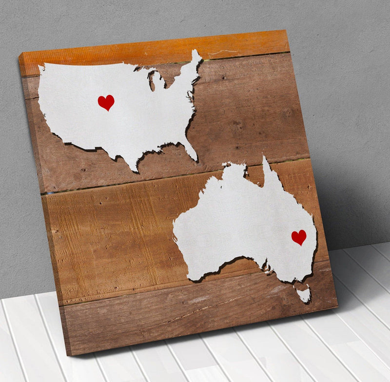 Australia Usa Map Personalized With City Hearts Canvas Wall Art ! - Geardurr